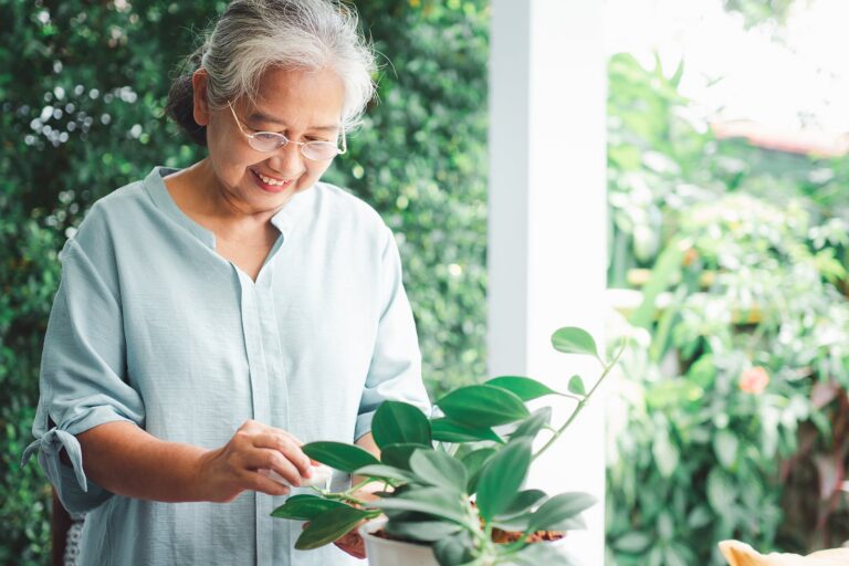 Older woman wearing a light blue blouse and glasses trimming a leafy potted plant on a sunlit veranda.